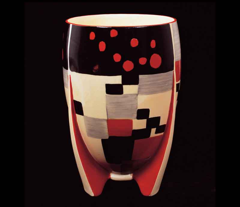 Clarice Cliff vase Cafe pattern with geometric red, black and grey design.